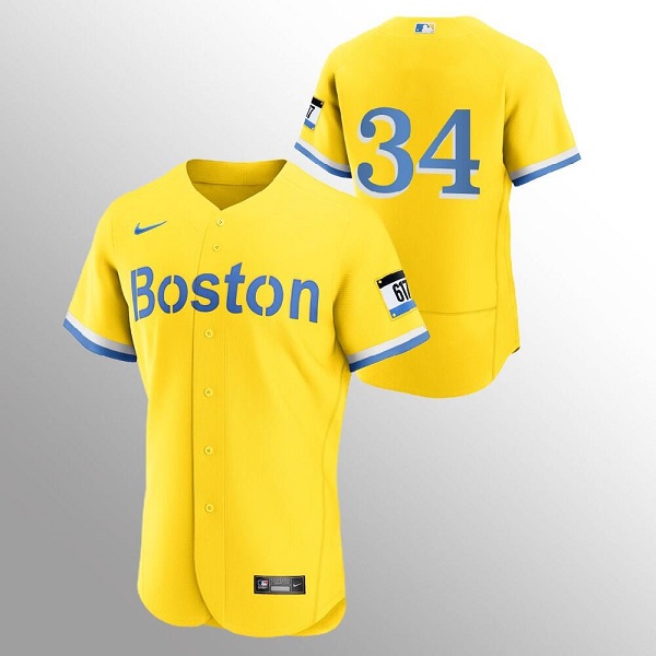 Men's Boston Red Sox #34 David Ortiz Gold MLB 2021 City Connect Flex base Stitched Jersey Men's Boston Red Sox #34 David Ortiz Gold MLB 2021 City Connect Flex base Stitched Jersey